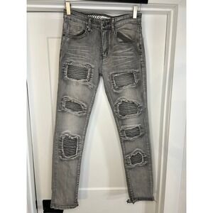 GSTR Mens Gray Distressed Moto Biker Jeans Ribbed Panels Slim Fit 30x30 Grunge